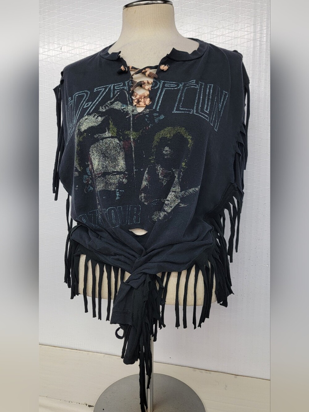 Led Zeppelin Lace-Up Fringe Band Tee Upcycled Vintage Babd Merc